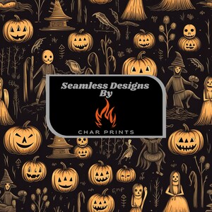Halloween Pumpkin Creepy Scarecrow Repeating Pattern - Digital Download Design - Seamless Pattern - Surface Pattern