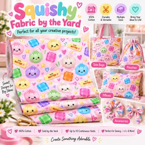 Cute Squishy Fabric by the Yard, Kawaii Dumpling Butter Cotton Fabric, Pink Kids Fabric, Sewing Craft Fabric