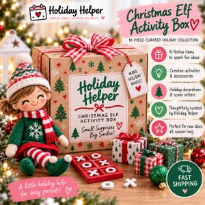 May include: A cardboard Christmas Elf Activity Box with a red and white checkered bow, featuring a plush elf doll in a green sweater and striped leggings, a red tic-tac-toe board, and small gift boxes. The box displays the text Holiday Helper.