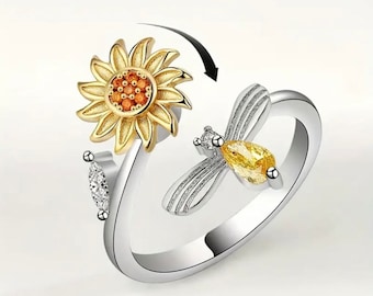 Sunflower Bee Fidget Ring: Silver Plated Spinning Anxiety Ring