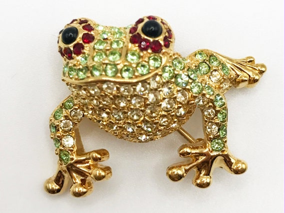 Vintage signed Monet gold-tone frog brooch pin wi… - image 1