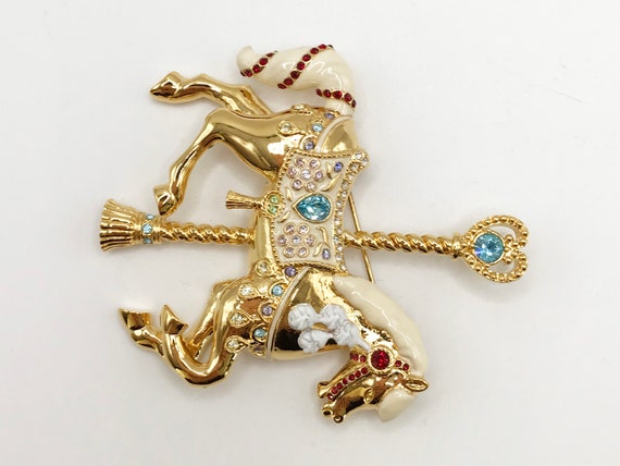 Vintage gold-tone carousel horse brooch pin with … - image 5