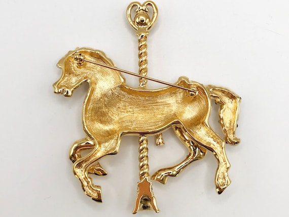Vintage gold-tone carousel horse brooch pin with … - image 3