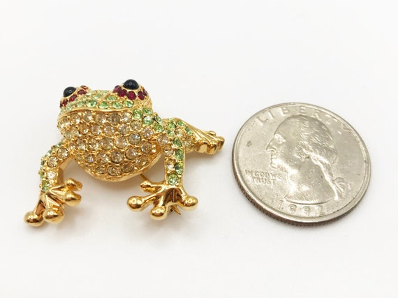 Vintage signed Monet gold-tone frog brooch pin wi… - image 2