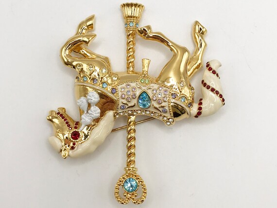 Vintage gold-tone carousel horse brooch pin with … - image 7