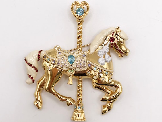 Vintage gold-tone carousel horse brooch pin with … - image 1