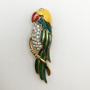 Vintage colourful parrot bird brooch pin with yellow, red, and green enamel and clear rhinestones