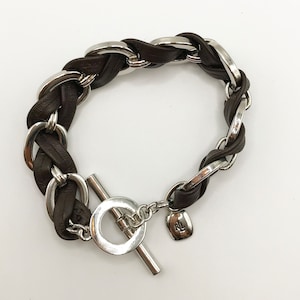 Vintage signed Ralph Lauren RLL silver-tone bracelet with soft brown leather