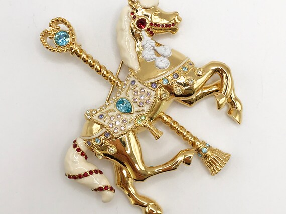 Vintage gold-tone carousel horse brooch pin with … - image 10