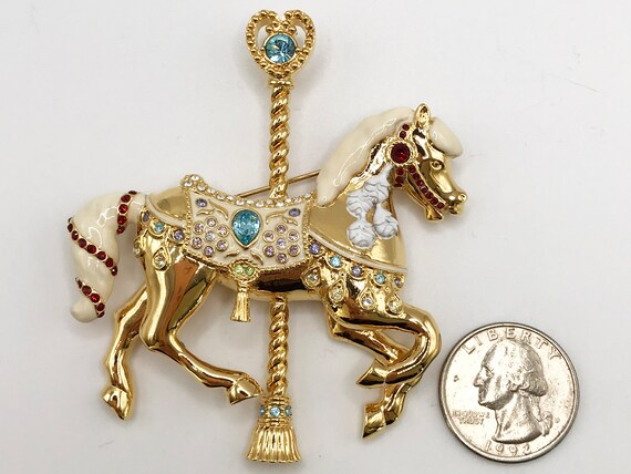 Vintage gold-tone carousel horse brooch pin with … - image 2