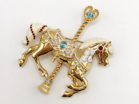 Vintage gold-tone carousel horse brooch pin with … - image 4