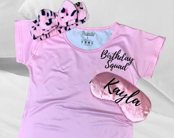 Personalized birthday squad nightgown for toddler girls, Custom kids sleepover matching pj set, Adjustable sleep mask for granddaughter gift