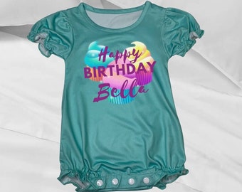 Personalized one-piece romper for baby girl birthday, Teal baby girl bodysuits with ruffles, Baby girl custom birthday bedtime sleeper