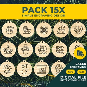 以下が含まれることがあります： レーザー彫刻用のシンプルなクリスマスオーナメントデザイン15個セット。デザインには、ミトン、そり、雪片、クリスマスツリーを載せた車、オーナメント、キャンドル、雪だるま、郵便受け、ベル、キャンディーケーン、クリスマスツリー、靴下、暖炉、リースが含まれています。デザインは白黒で、ユニークでパーソナライズされたオーナメントを作成するのに最適です。