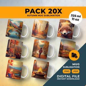 May include: A set of 20 sublimation designs for 11 ounce mugs featuring autumn scenes. The designs include a cozy fireplace, a forest path, a river, a cabin, and a fox. The designs are in PNG and PDF format and are available for instant download.