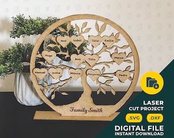 May include: A laser cut wooden family tree with hearts for leaves, each heart is labeled with a name. The tree is on a stand and has the text "Family Smith" engraved on the base. The image includes the text "LASER CUT PROJECT .SVG .DXF DIGITAL FILE INSTANT DOWNLOAD".