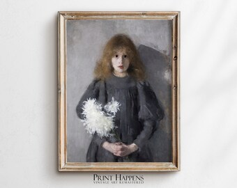 Young Girl With Flowers Print | Vintage Painting | Classic Wall Art | Printable Art | Rustic Home Decor Gift Idea | 072