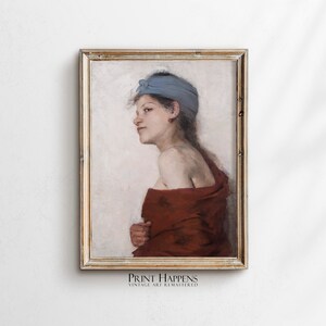 Portrait of Young Woman with Red Earrings | Vintage Oil Painting | Antique Wall Art | Printable Art | Rustic Home Decor Gift Idea | 075
