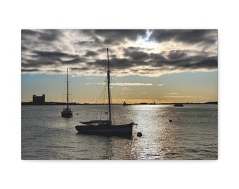 Barcos en el puerto de Boston, lienzo, envuelto en galería, náutico, veleros, puesta de sol