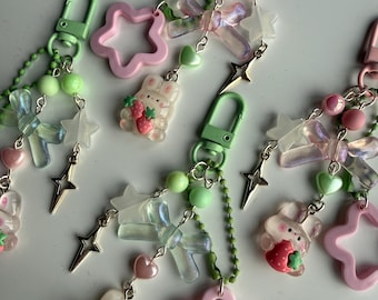 HANDMADE Cute Coquette Strawberry Matcha bunny keychains, Strawberry keychain