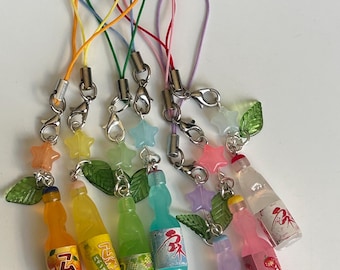 HANDMADE Kawaii Cute Ramune bottle Phone Charms, phone strap, beaded accessories, aesthetic, soda phone charms, Grape, pear, Lychee