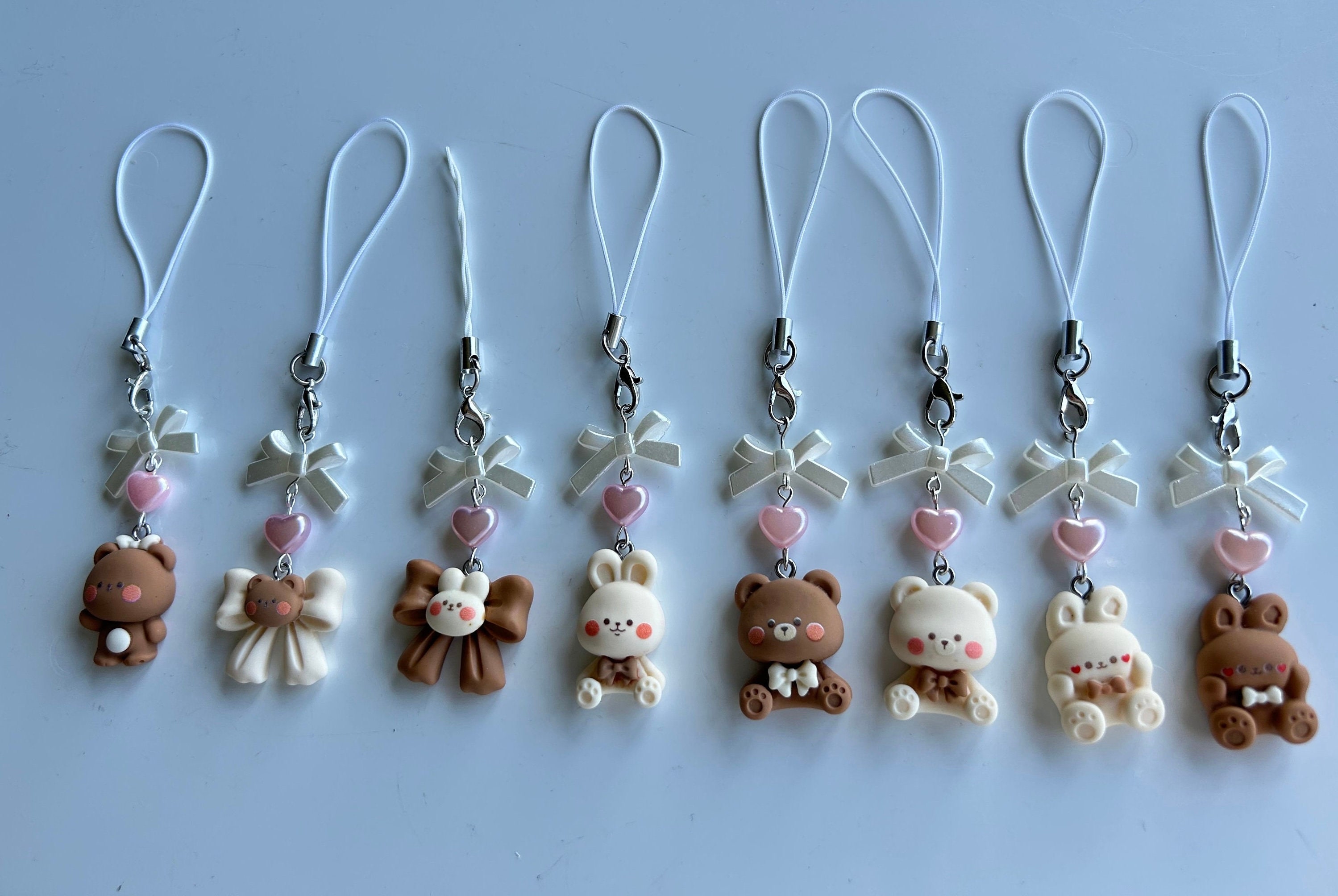 Handmade Kawaii choco Bunny & Bear Phone Charms,  Cutecore, coquette
