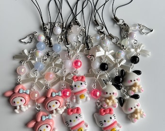 Handmade kawaii kitty themed Phone Charm, Kawaii Beaded Accessory