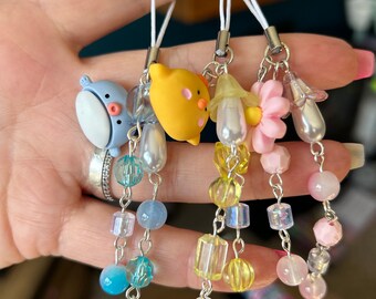 HANDMADE Cute Kawaii Phone Charms, phone strap, Beaded Jewelry, beaded accessories, Phone accessory, aesthetic, resin charms, flower, duck