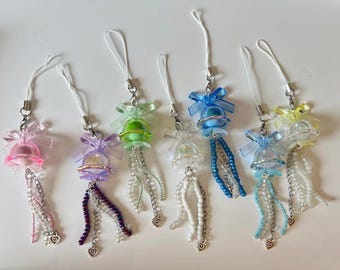 Handmade Pastel Jellyfish Phone Charm: Beaded Oceancore Accessory