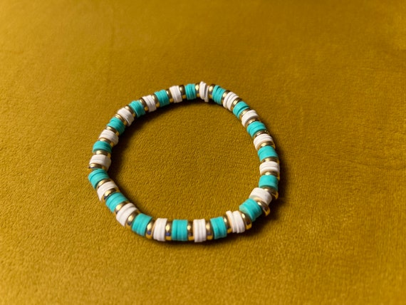 Cute Clay Bead Preppy Turquoise and White Bracelet, Handmade Bracelet,  Handmade Jewellery, Heishi Beads, Clay Beads, Heishi Bead Bracelet 