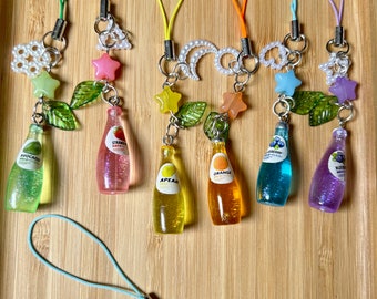 HANDMADE Kawaii Cute Soda bottle Phone Charms, phone strap, beaded accessories, Phone accessory, aesthetic, juice phone charms, Grape, pear,