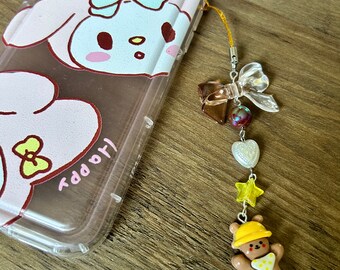 HANDMADE Cute Kawaii Builder Bear Phone charme, bubble gum, accessoires perlés, esthétique, adorable charme de téléphone, charme de téléphone ours