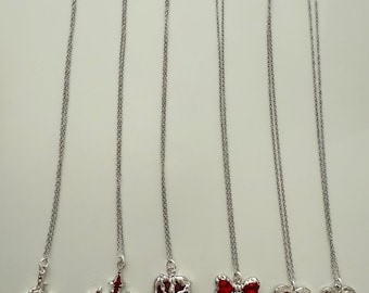 Handmade Whimsical Red Gem Necklaces: Stainless Steel Chain, 17” Bows and Hearts