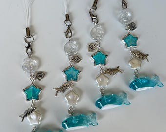 Handmade NEW Kawaii Whale Shark Phone Charm: Silver Plated Beaded Bag Charm, Fossil bead