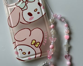 HANDMADE Coquette pink phone charm, beaded accessories, Phone accessory, aesthetic, Beaded phone strap, syringe charm