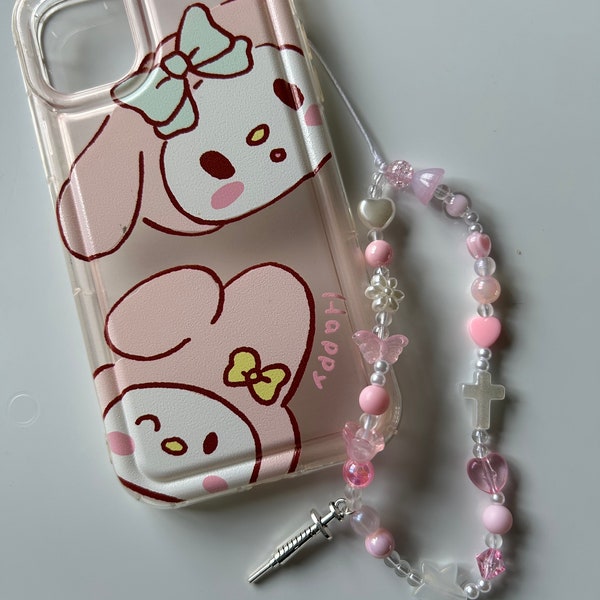 HANDMADE Coquette pink phone charm, beaded accessories, Phone accessory, aesthetic, Beaded phone strap, syringe charm