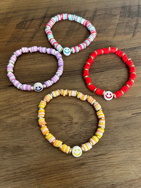 Cute Handmade Preppy Smiley Bracelets, Clay Beads, Preppy, Aesthetic, Faux Pearls, Smile, Happy, Smiley Bracelet, Colorful Heishi Beads