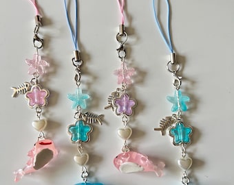 Handmade Kawaii Whale Shark Phone Charm, Beaded Oceancore Accessory, pink or blue