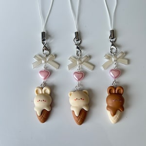 Handmade Kawaii Choco Bunny and Bear Ice Cream Phone Charm: Cutecore, NEW Bear added