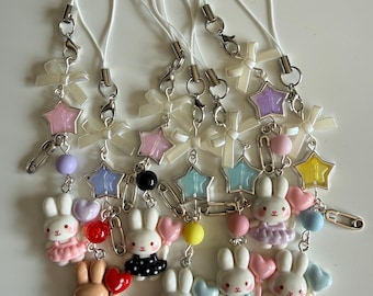 Charm de conejito Kawaii hecho a mano, correa con cuentas de estrella pastel, accesorio para bolso Fairy Kei Y2K