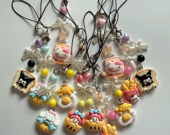 Handmade Sanriocore themed Food Phone Charms, Kawaii Beaded Accessories