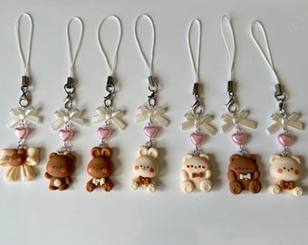 HANDMADE Cute Kawaii choco Bunny and bears Phone charms, cartoon bunny phone charm, pastel aesthetic, cutecore,