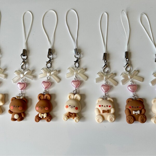 HANDMADE Cute Kawaii choco Bunny and bears Phone charms, cartoon bunny phone charm, pastel aesthetic, cutecore,