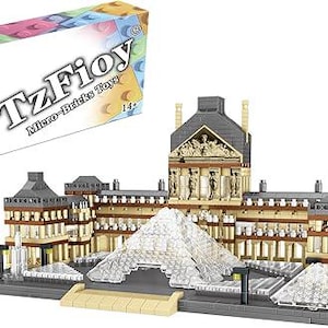 May include: A micro-bricks toy set depicting a building with a glass pyramid and a box with the text "TzFioy Micro-Bricks Toys 14+". The building is tan, gray, and clear. The box is white with colorful bricks.