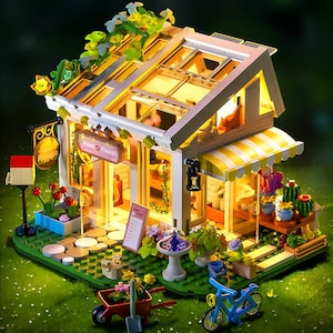 May include: A miniature building block model of a flower shop with a glass roof, illuminated interior, and yellow striped awning. The exterior features a red wheelbarrow, a blue bicycle, a mailbox, a stone path, and various potted plants.