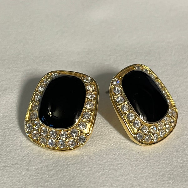 Vintage Roman Elegant Gold Tone Rhinestone Classic Design Stud Earrings with Black Onyx Cabachon and Bullet Back Clutch Closure