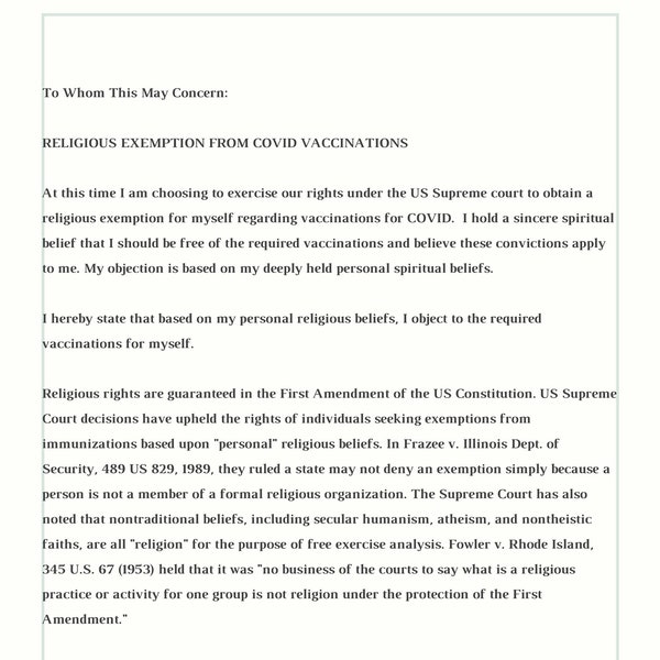 Religious Exemption Letter For COVID Vaccinations