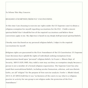 May include: A black and white document with the title "Religious Exemption from Flu Vaccinations". The document discusses the right to religious exemption from flu vaccinations under the First Amendment of the US Constitution.