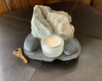 Handmade River Rock Candle Holder: Natural Stone Wedding Centerpiece