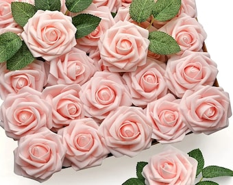 25 Piece Faux Rose Set With Stems And Leaves/Foam Flowers/Valentines Crafts/Fake Flowers/Fake Roses